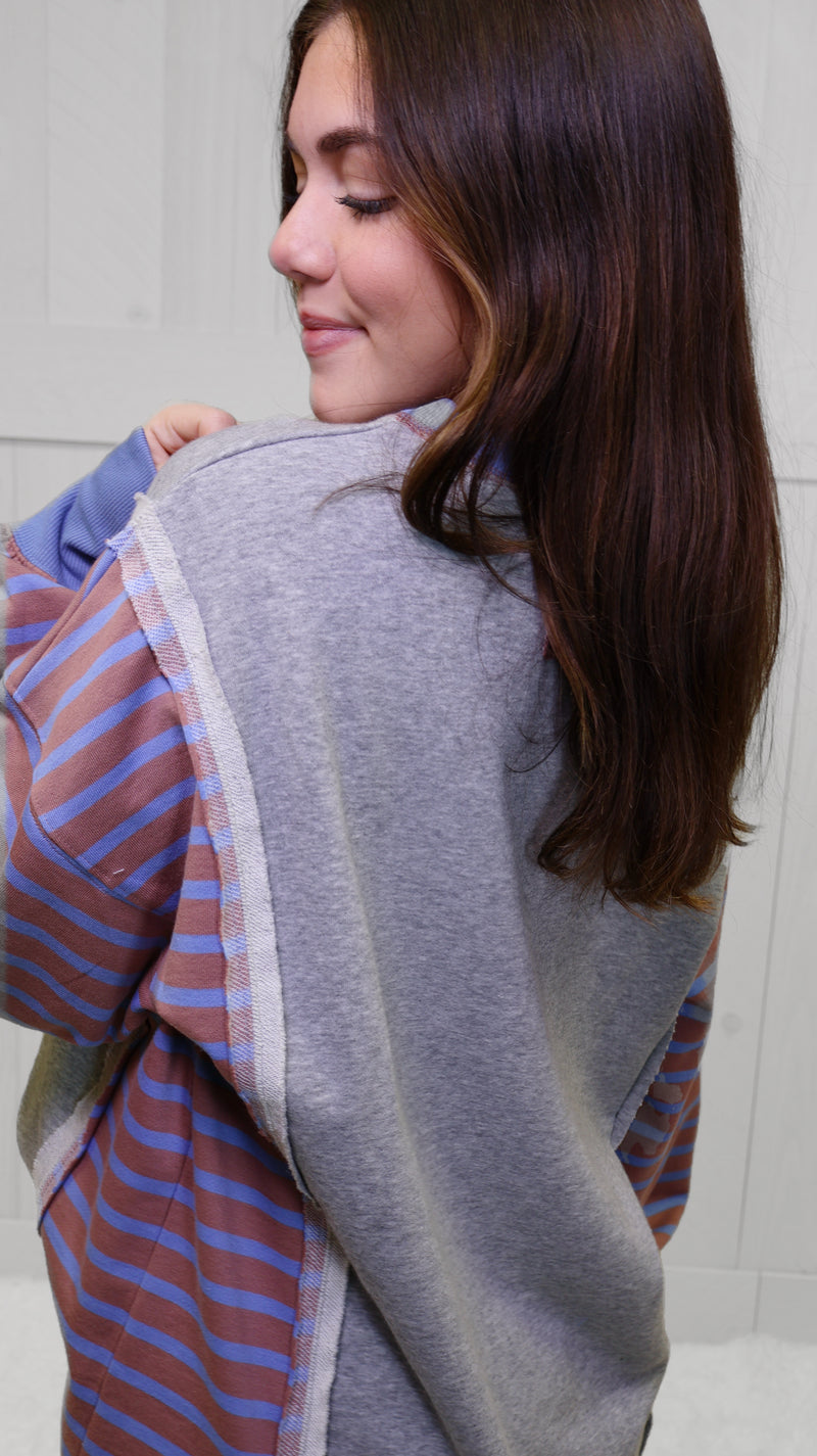 Grey Stripe with red accent Pullover Top