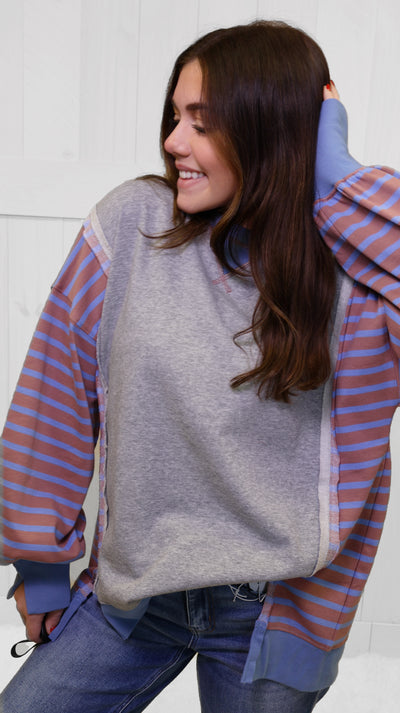 Grey Stripe with red accent Pullover Top
