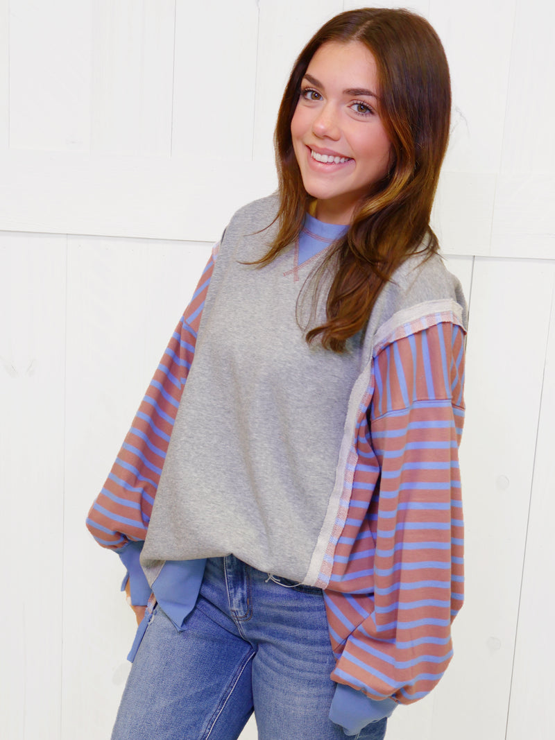 Grey Stripe with red accent Pullover Top