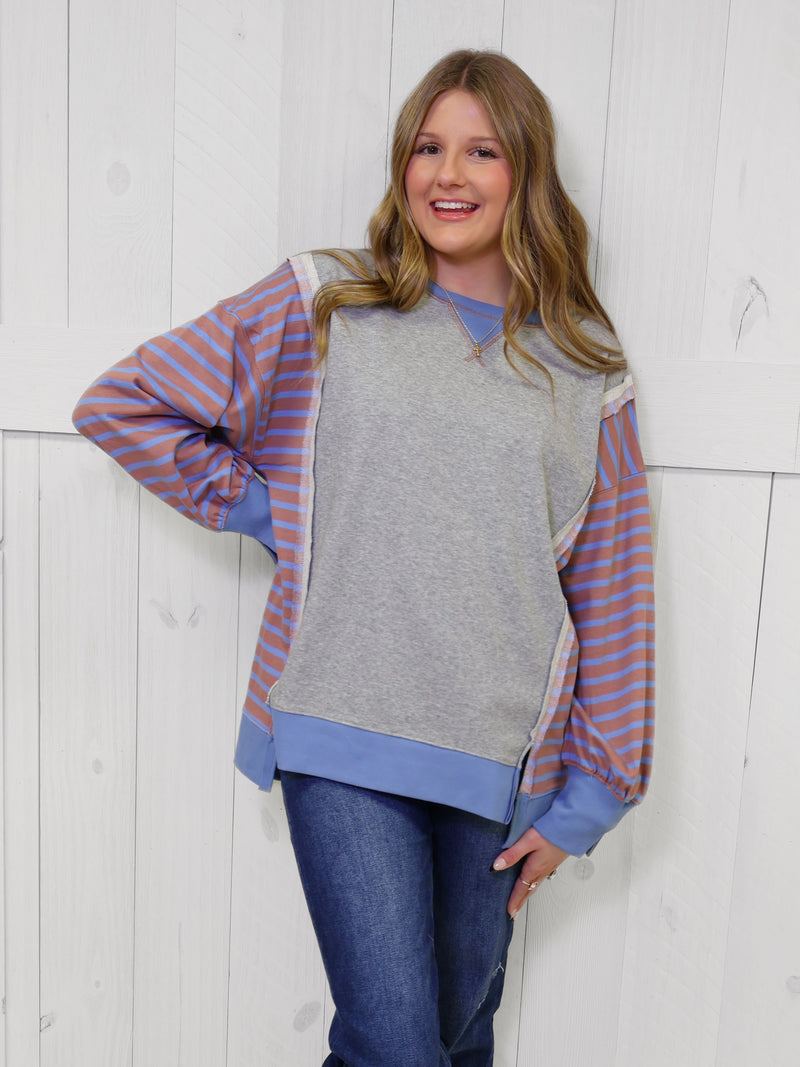 Grey Stripe with red accent Pullover Top
