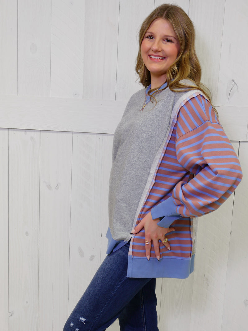 Grey Stripe with red accent Pullover Top Sweater