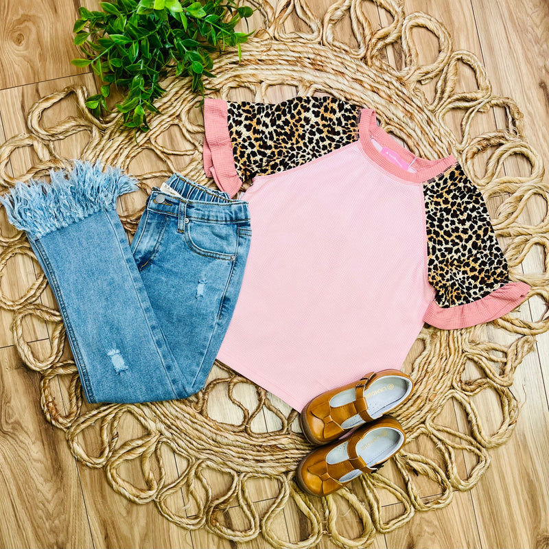 Hayden Girls Pink top with cheetah accents