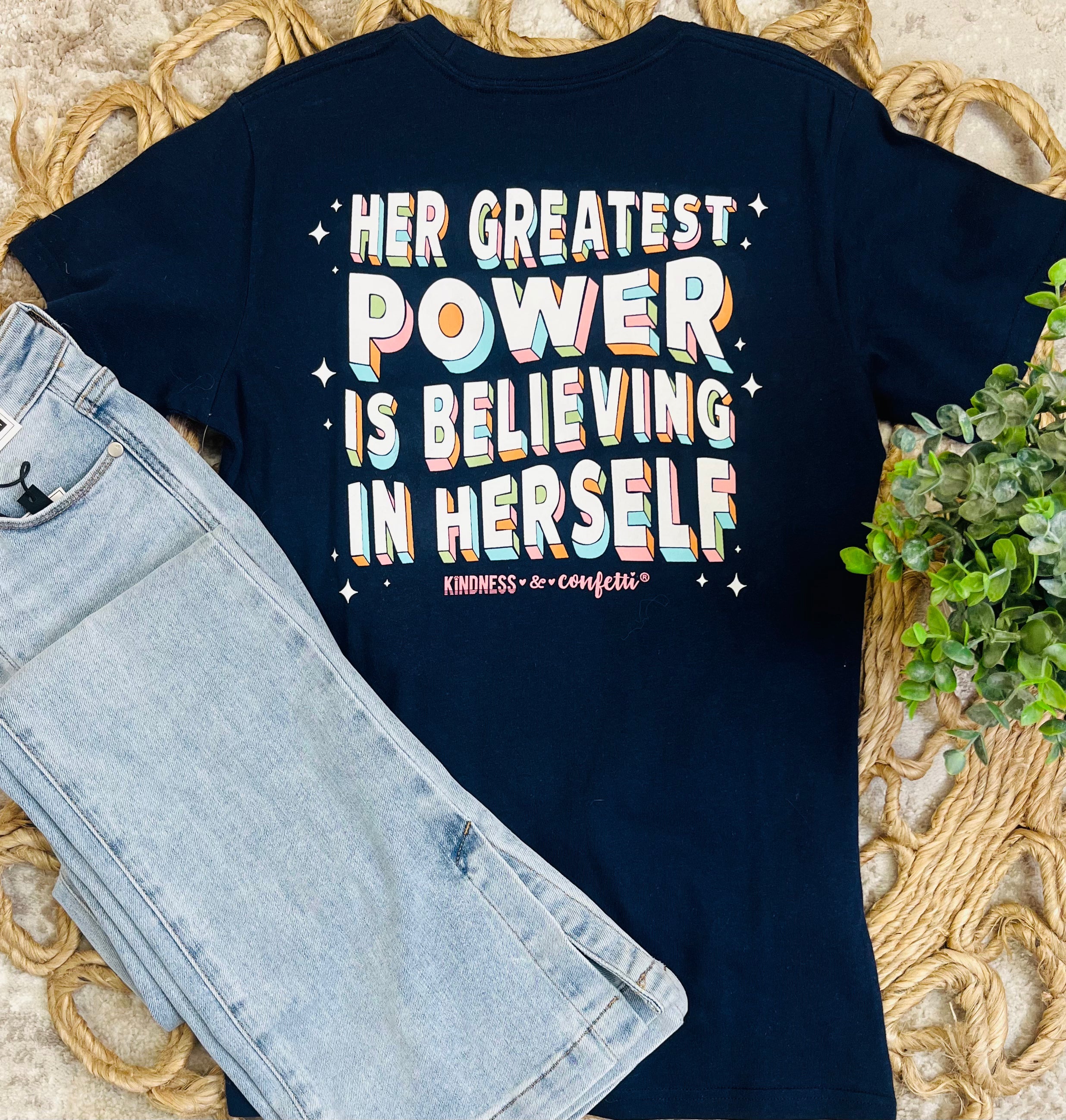 “Her Greatest Power Is Believing In Herself” Navy Blue Graphic Tee Women's