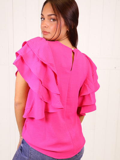Hot Pink Ruffle Sleeve Blouse