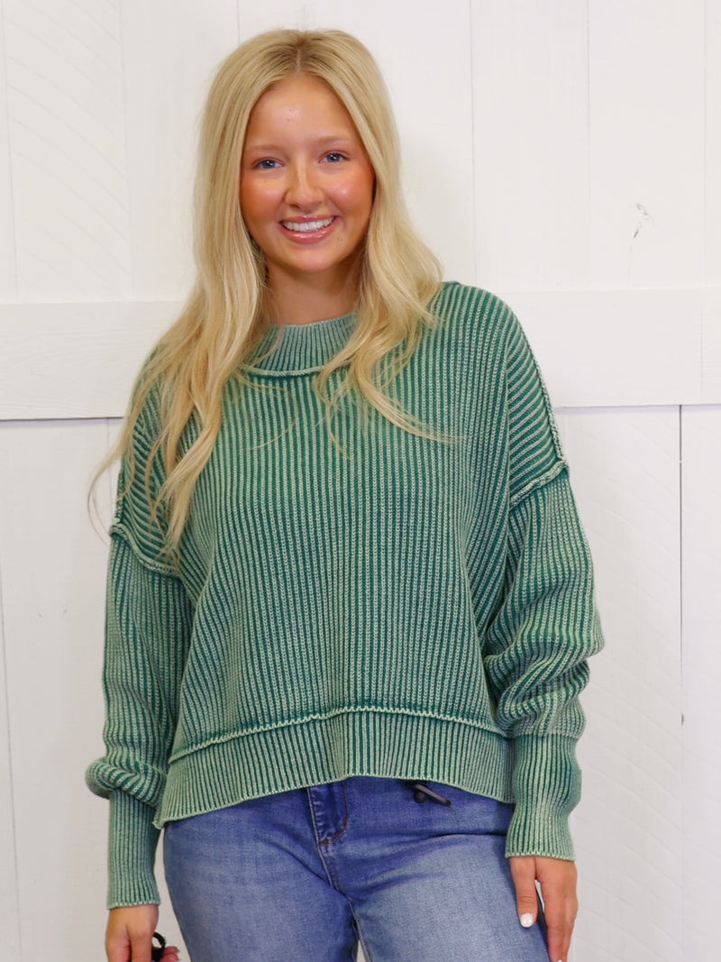 Hunter Green Washed Side Slit Oversized Cropped Sweater Pullover Top