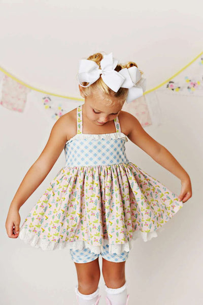 Girl’s serendipity floral dress and gingham short set