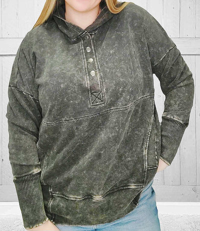 Women’s Acid Wash Button Up Pullover - Black - Mini Mee Boutique