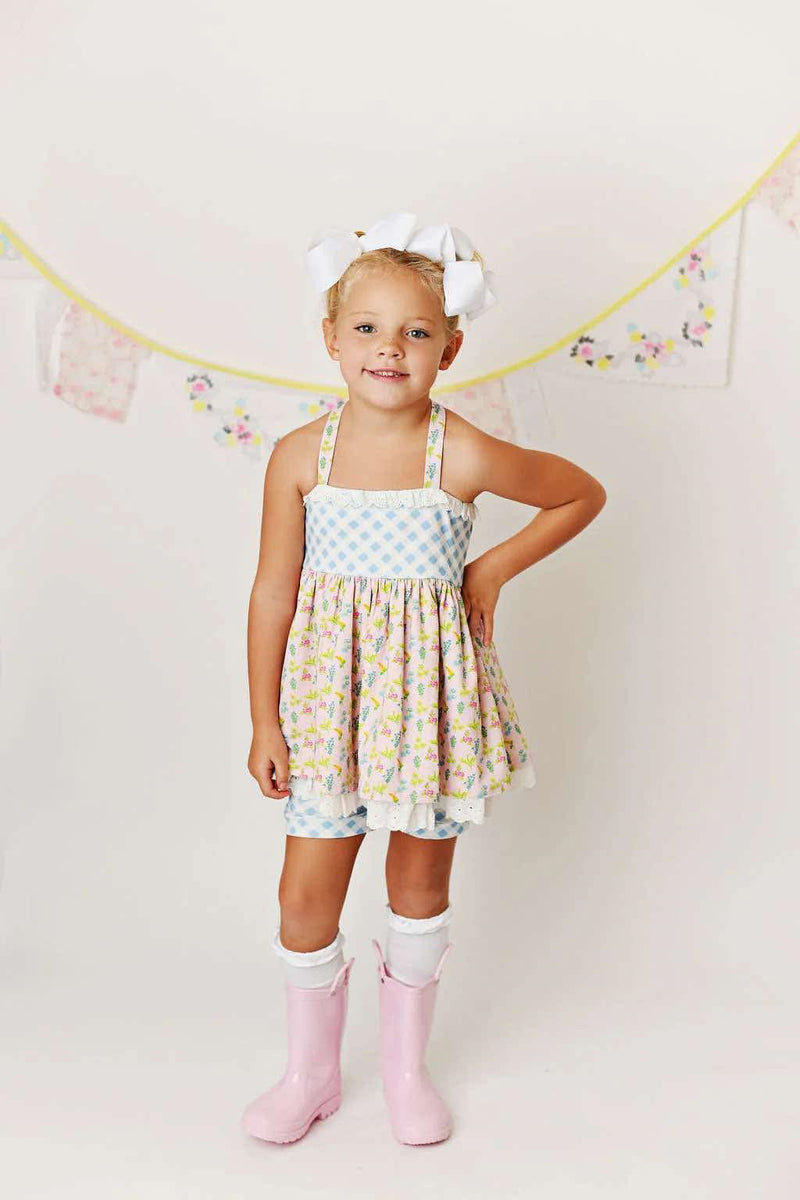 Girl’s serendipity floral dress and gingham short set