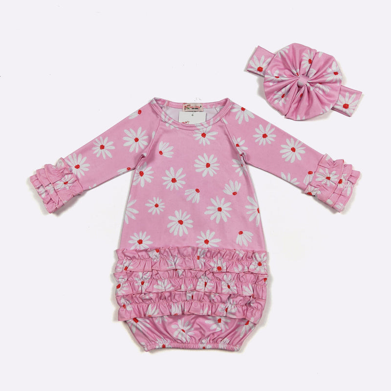 Pink Daisy Baby Gown with Matching Headband - Mini Mee Boutique