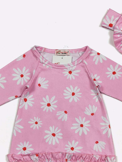 Pink Daisy Baby Gown with Matching Headband - Mini Mee Boutique