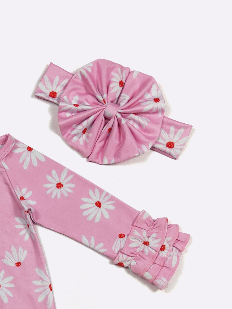 Pink Daisy Baby Gown with Matching Headband - Mini Mee Boutique