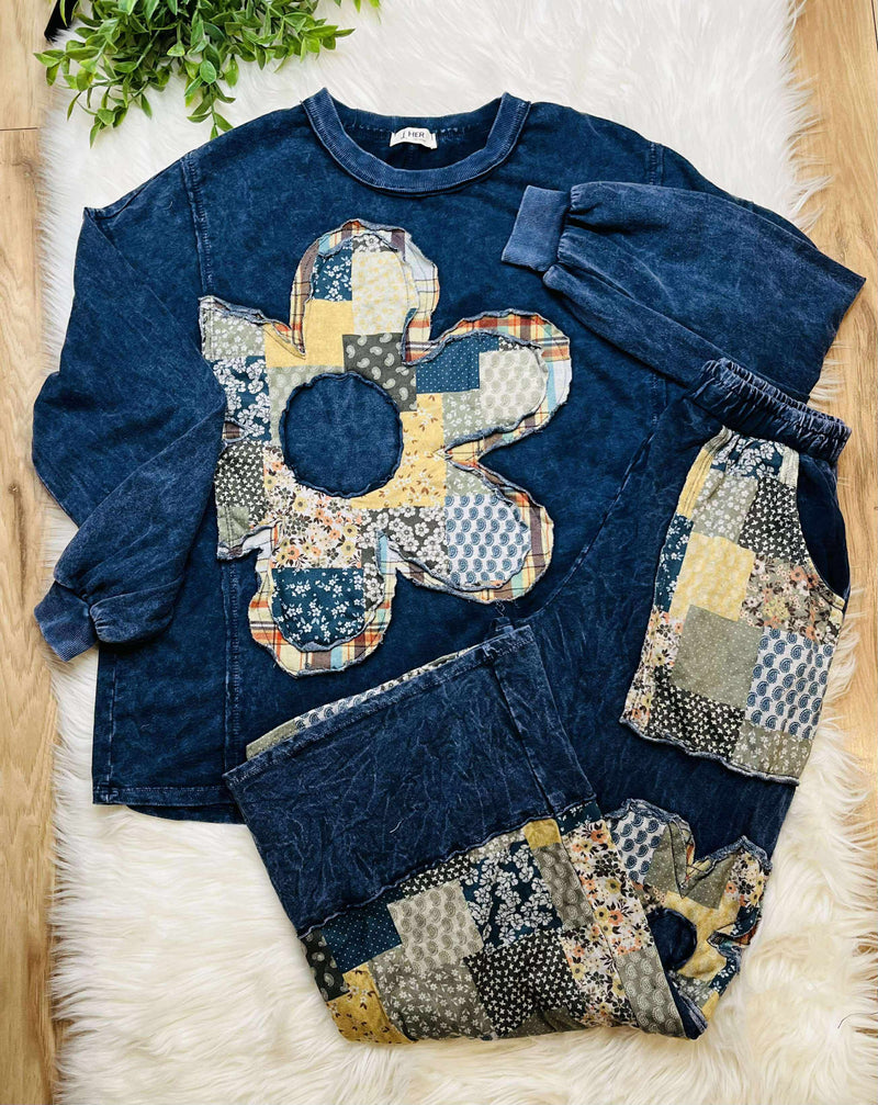 J Her Navy Daisy Patchwork Pant Set