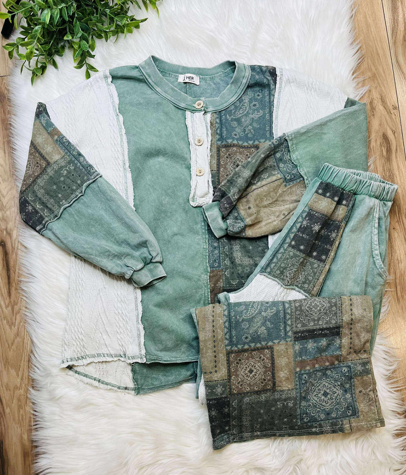 J Her Olive Mixed Patchwork Pant Set