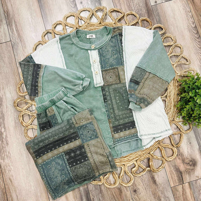 J Her Olive Mixed Patchwork Pant Set