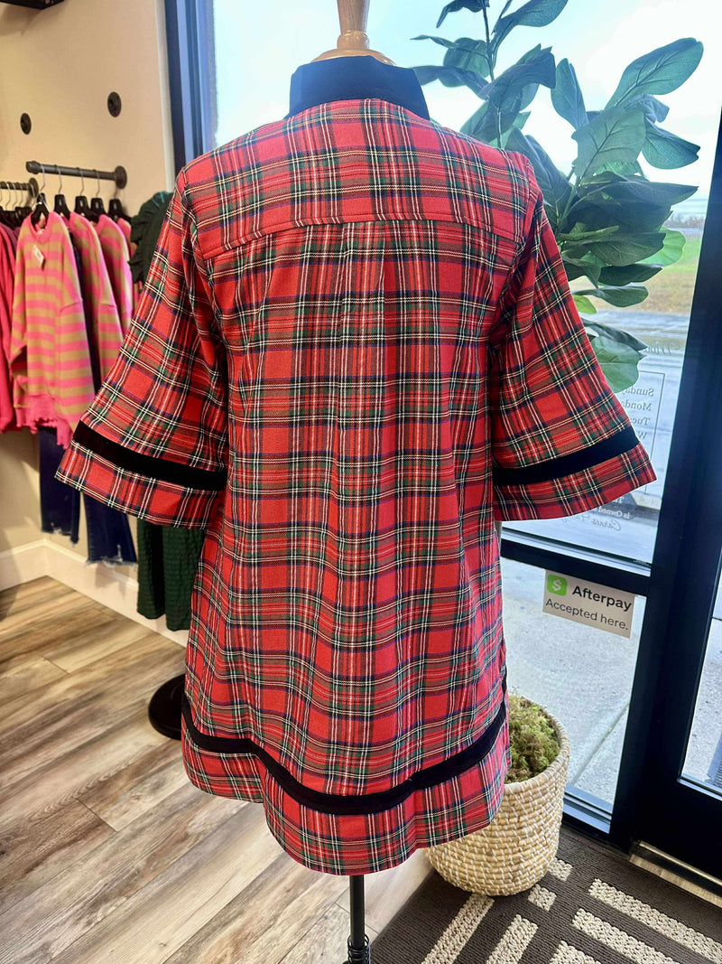 Women’s Red Plaid Velvet Trim Dress