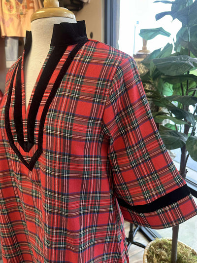 Women’s Red Plaid Velvet Trim Dress