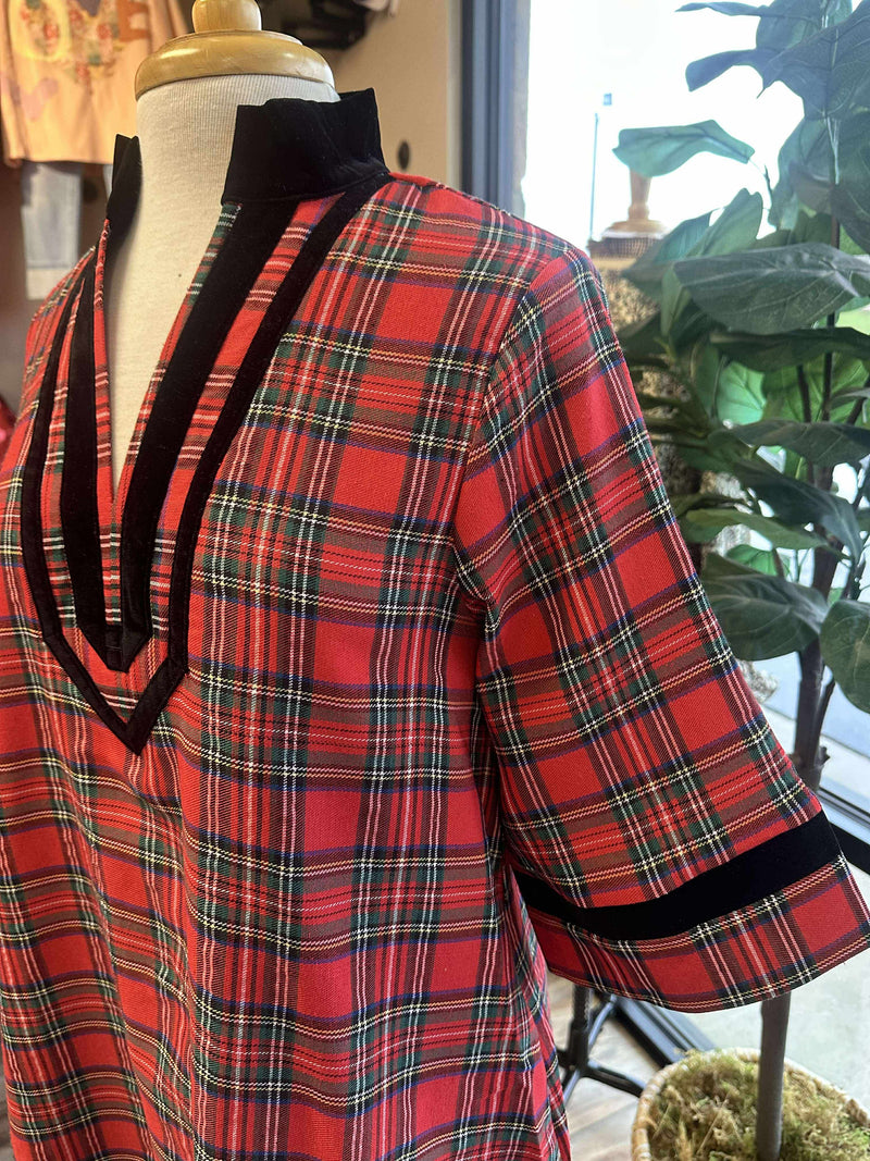 Women’s Red Plaid Velvet Trim Dress