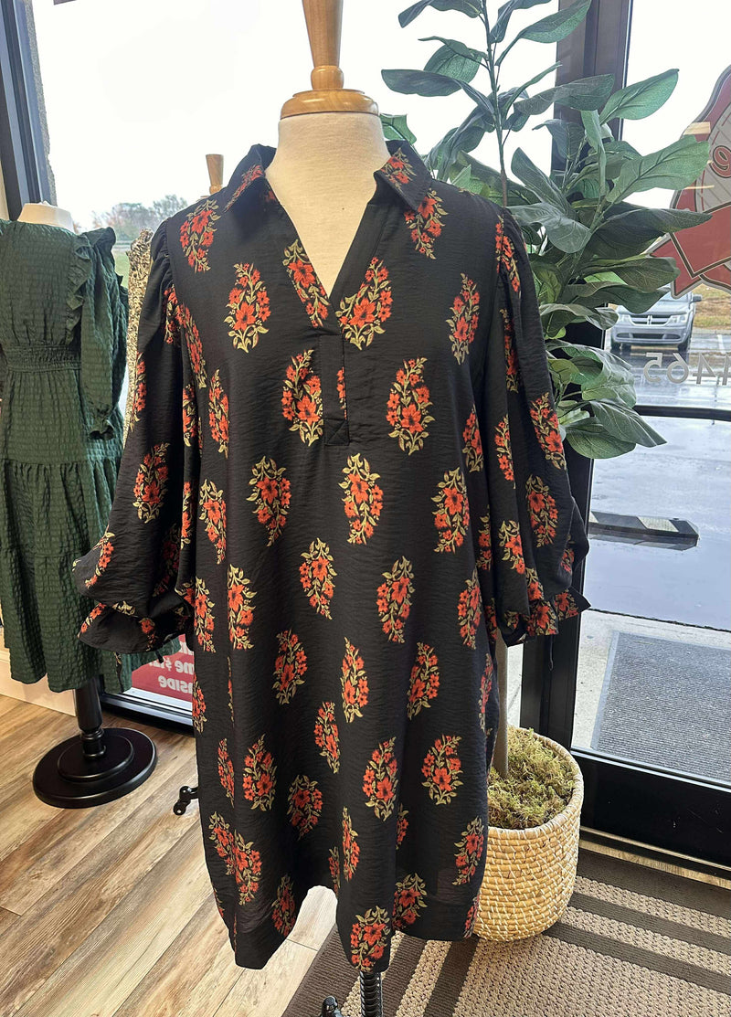 Women’s Black Floral Collared Dress