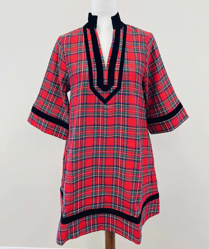 Women’s Red Plaid Velvet Trim Dress