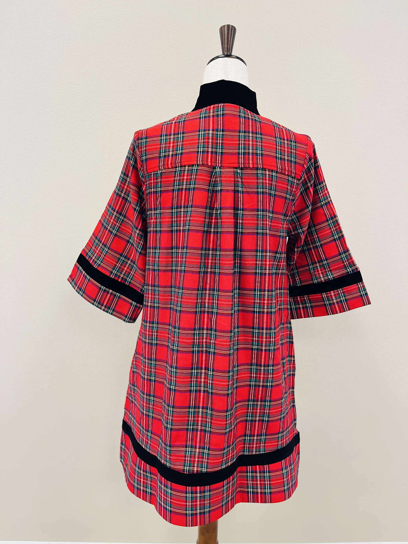 Women’s Red Plaid Velvet Trim Dress