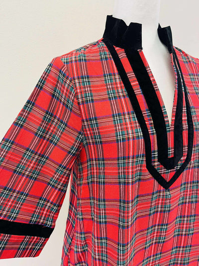 Women’s Red Plaid Velvet Trim Dress