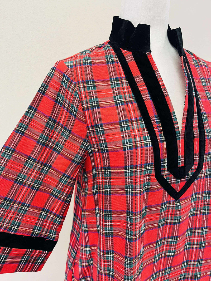 Women’s Red Plaid Velvet Trim Dress