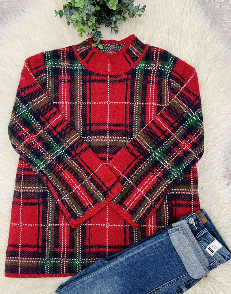 Women Red Plaid Mock Neck Sweater
