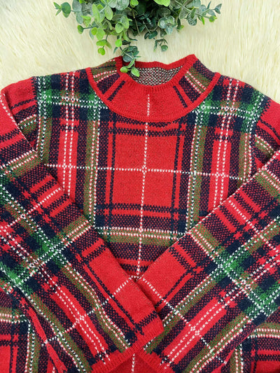 Women Red Plaid Mock Neck Sweater