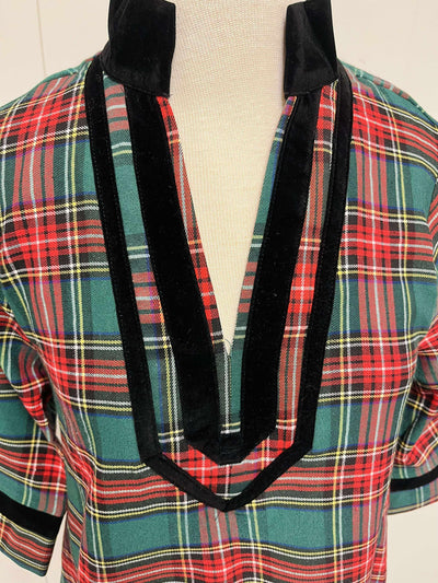 Women’s Green Plaid Velvet Trim Dress