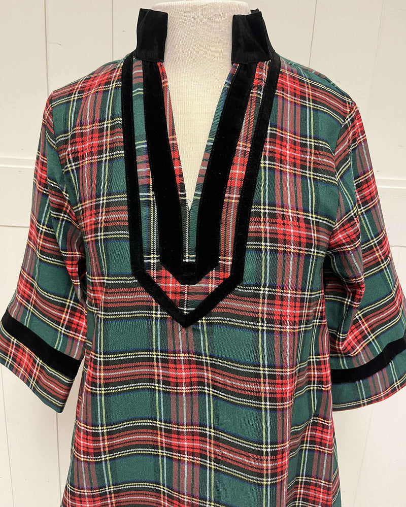 Women’s Green Plaid Velvet Trim Dress