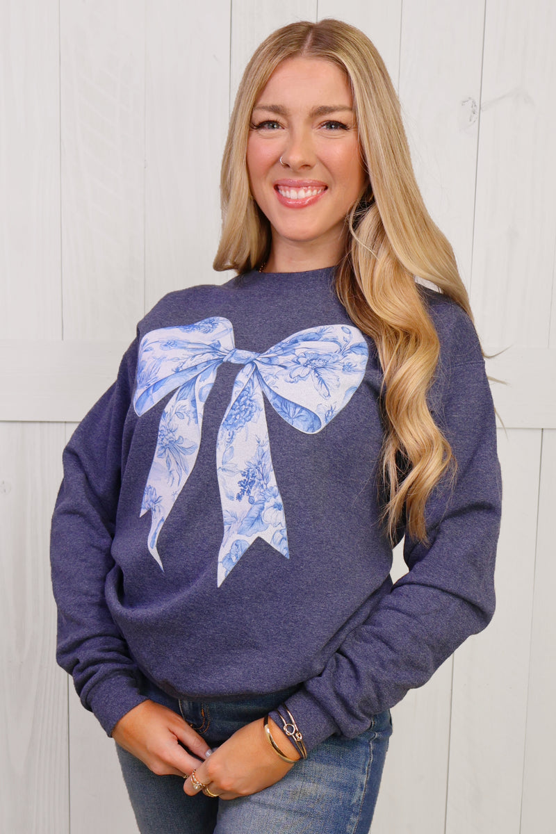 Blue Floral Bow Crewneck