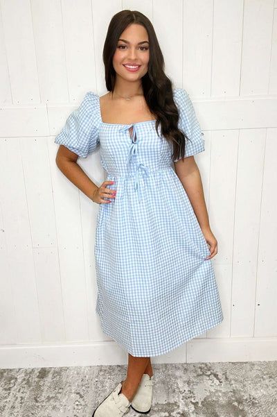 Women’s Light Blue Midi Gingham Dress - Mini Mee Boutique