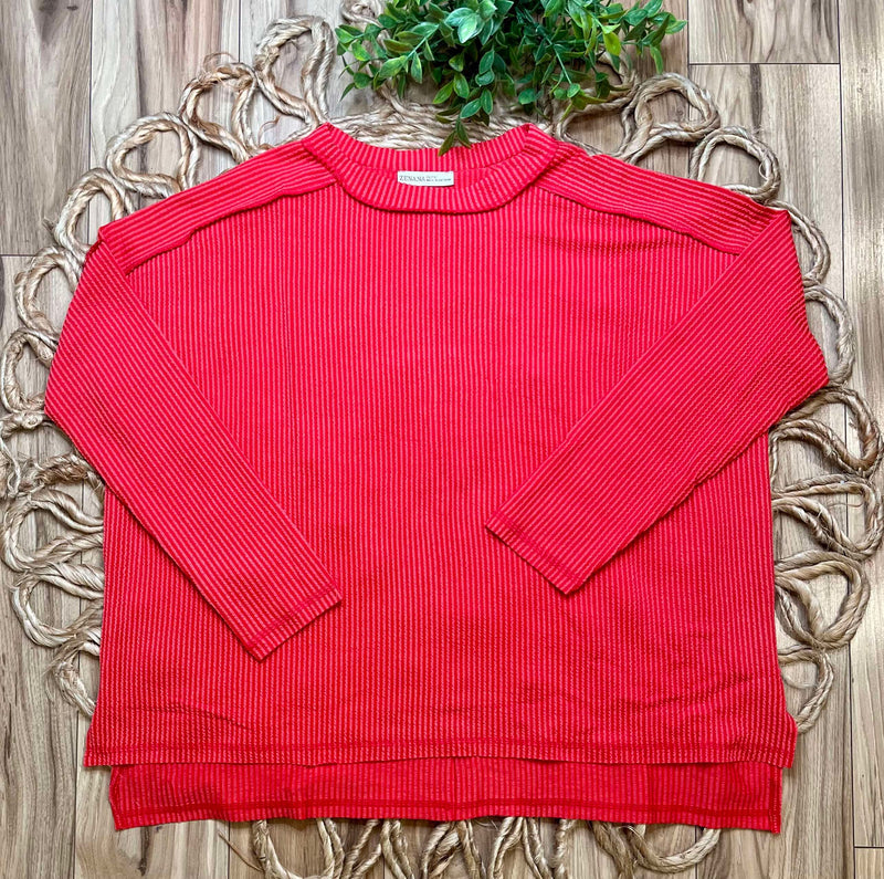 Zenana Curvy Ribbed Raw Edge Top Red