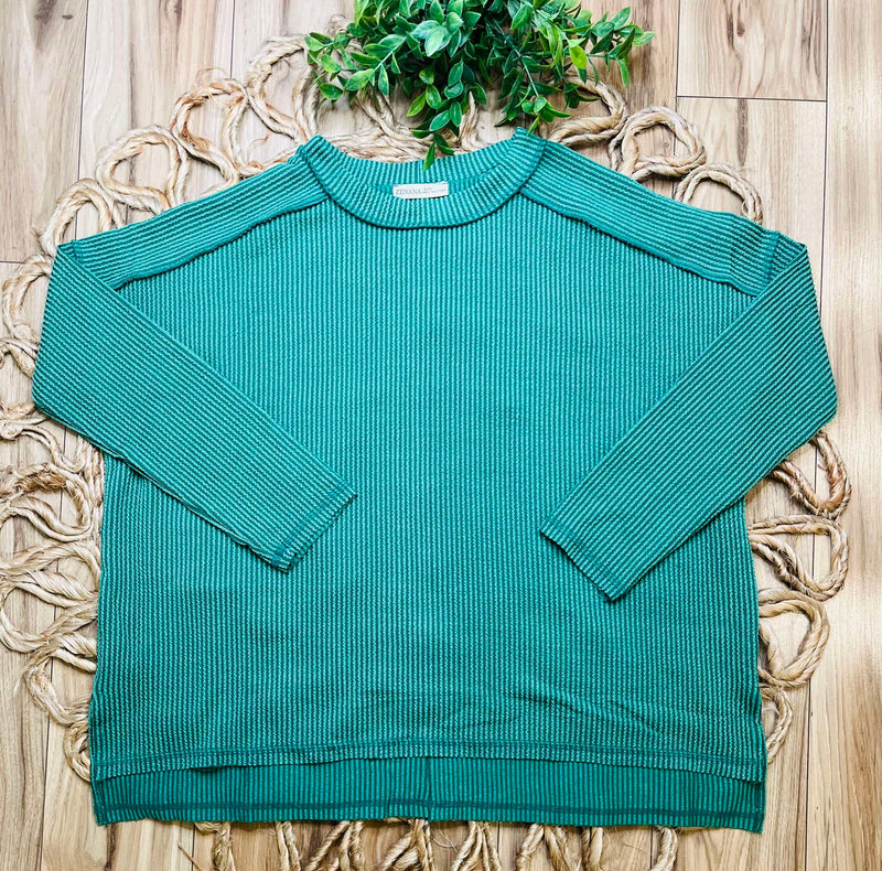 Zenana Curvy Ribbed Raw Edge Top Dark Green