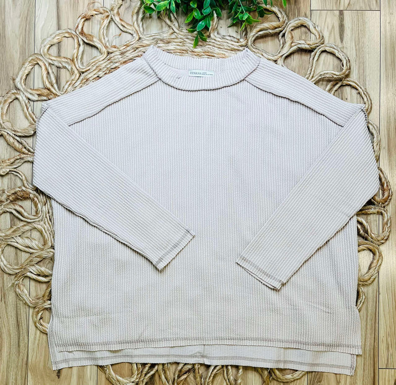 Zenana Curvy Ribbed Raw Edge Top Ash Mocha