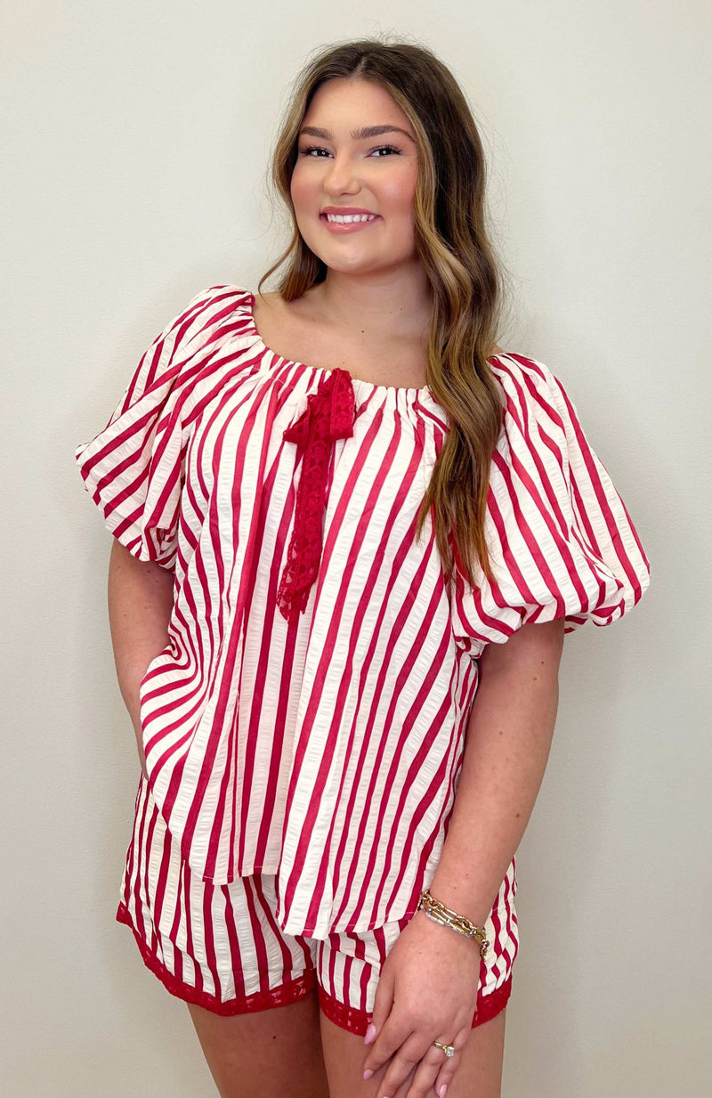 Umgee Striped 2 Piece Shorts Set Red - Mini Mee Boutique