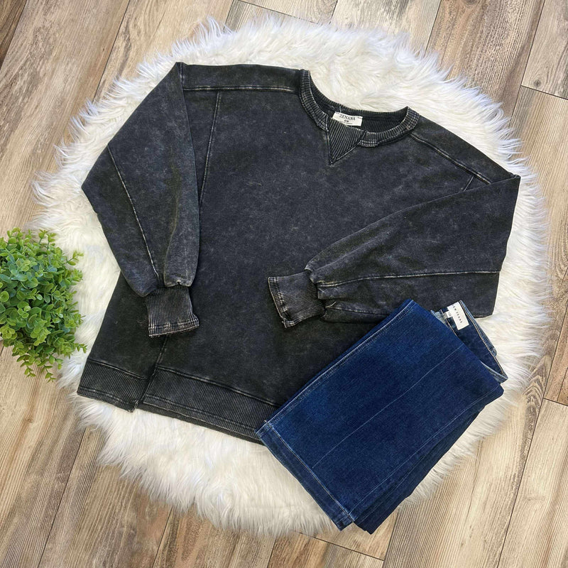 Zenana Basic French Terry Acid Wash Pullover Sweater Ash Black