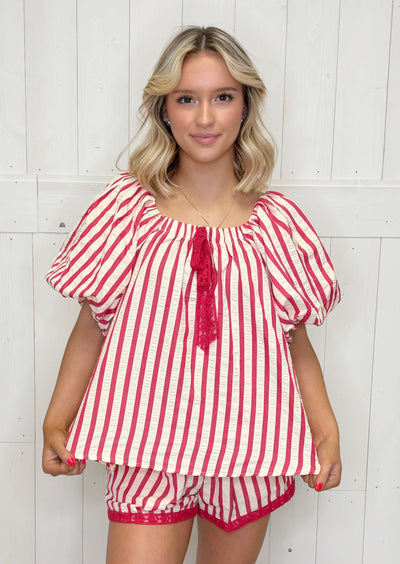 Umgee Striped 2 Piece Shorts Set Red - Mini Mee Boutique