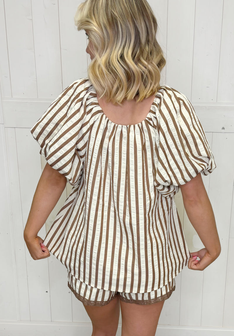 Umgee Striped 2 Piece Shorts Set Brown - Mini Mee Boutique