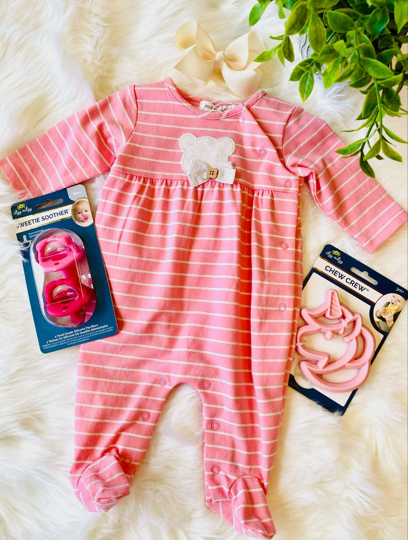 Baby Girl Pink and White Striped Bear Onesie - Mini Mee Boutique