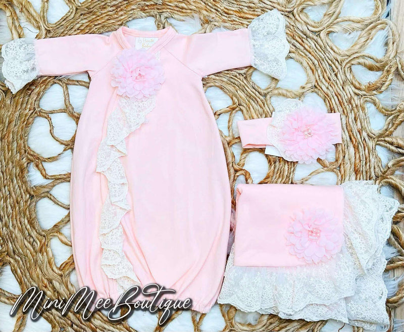 Baby Pink 3 Piece Gown Set (Gown, Headband, and Blanket) - Mini Mee Boutique