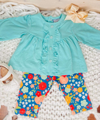 Girl's Teal 2 Piece Set w/ Floral Leggings - Mini Mee Boutique