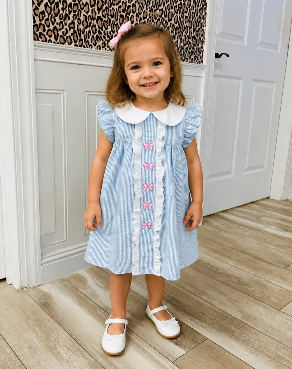 Girls Seersucker Bow Embroidered Ruffle Trim Dress