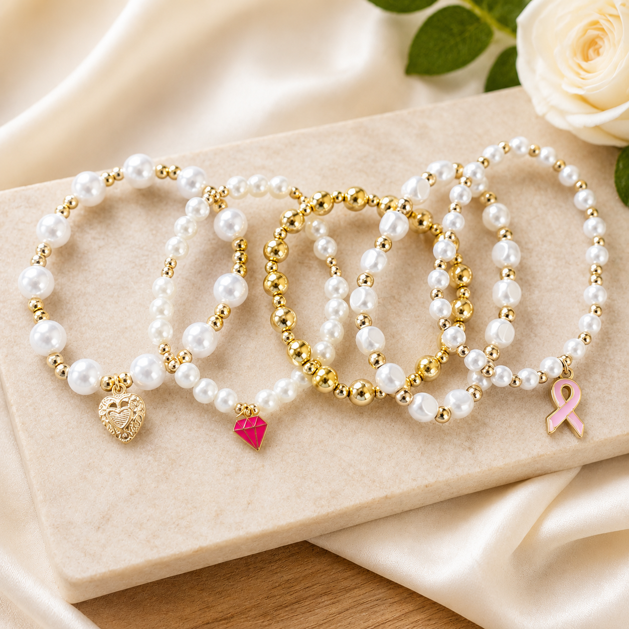 Pearl and Gold Charmed Bracelet Stack