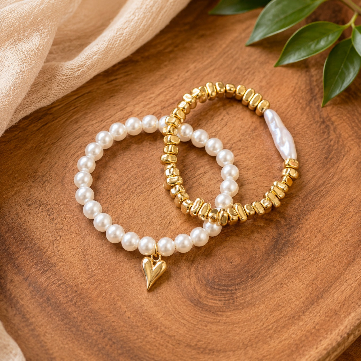 Gold and Pearl two Piece Bracelet