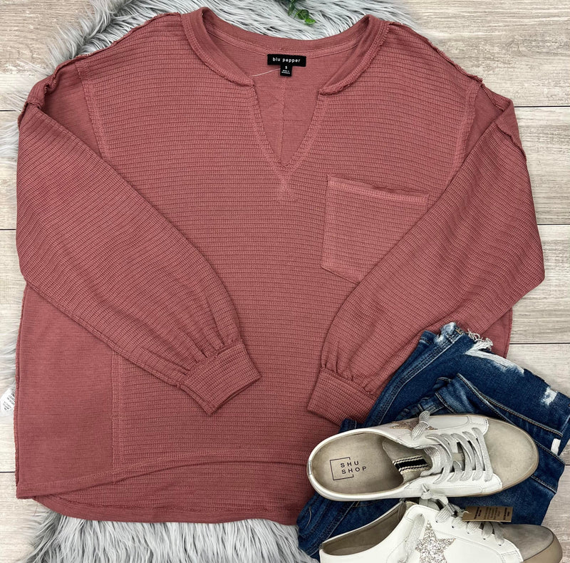 Women’s Pocket V Neck Oversized Sweater Top Brick Basic