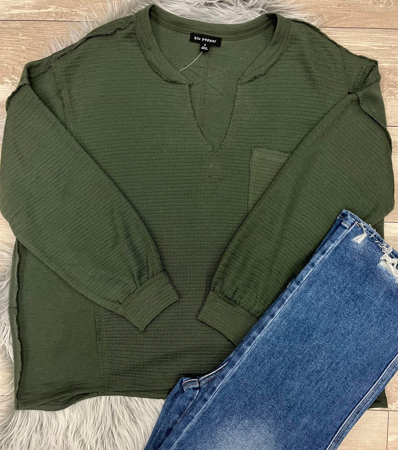Women’s Pocket V Neck Oversized Sweater Top Olive Basic