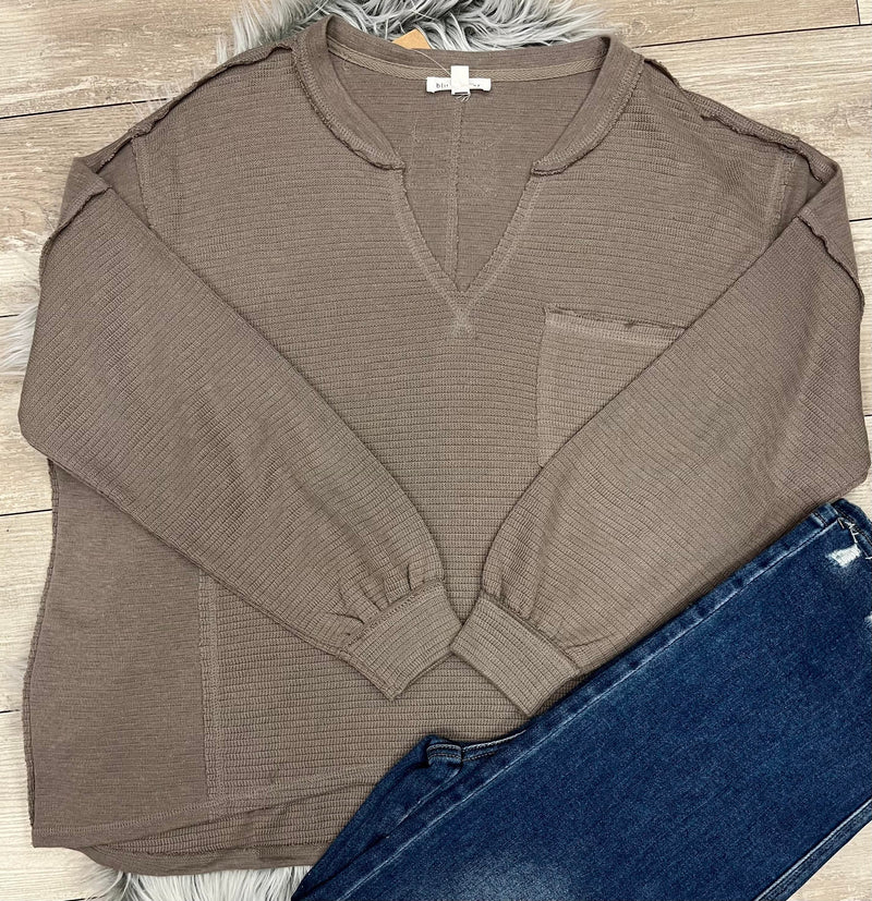 Women’s Pocket V Neck Oversized Sweater  Top Mocha Basic