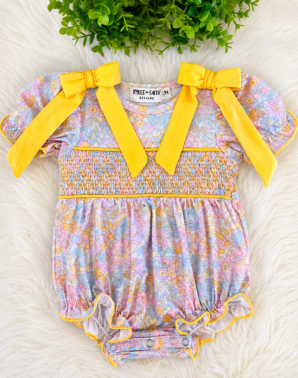 Girl’s Yellow Bow Smocked Floral Baby Bubble