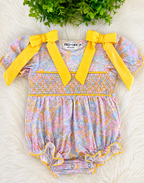 Girl’s Yellow Bow Smocked Floral Baby Bubble